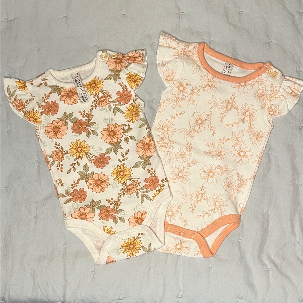 Chickpea Peach & Yellow Floral Flutter-Sleeve Baby One-Piece Bodysuits (2-Pack)